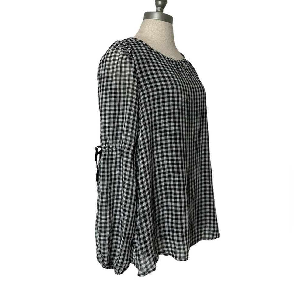 Max Studio Gingham Black White Plaid Long Sleeve Ruffle Tie Sleeve Blouse - Picture 12 of 16